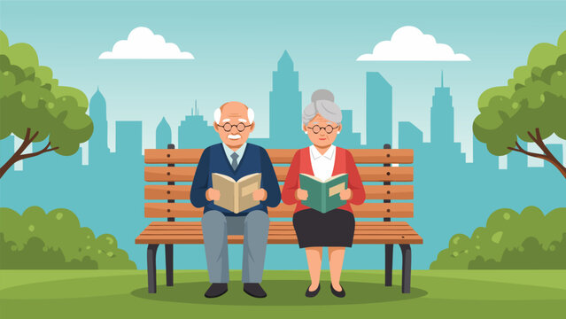 An elderly couple enjoying a peaceful afternoon reading books on a park bench with a cityscape in the background
