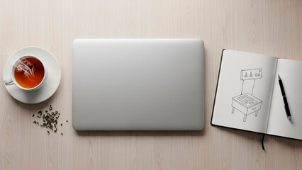 Laptop and tea create a calming workspace vibe, perfect for focused work, creative projects, or quiet study sessions with sketched ideas in notebook