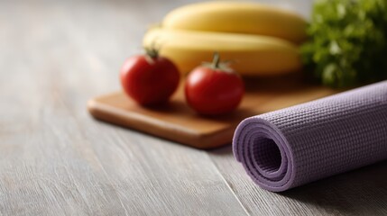 healthy lifestyle visuals with fresh food and yoga mat, balanced theme
