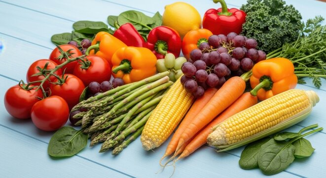 Fresh assortment of colorful healthy vegetables and fruits on a blue wooden table