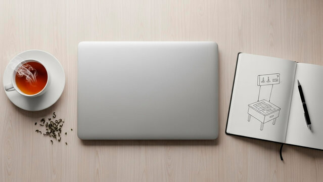 Laptop and tea create a calming workspace vibe, perfect for focused work, creative projects, or quiet study sessions with sketched ideas in notebook