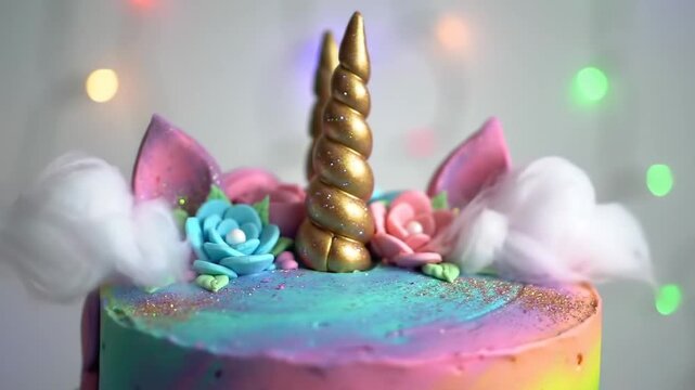 Unicorn cake with decorations, colorful icing, and bokeh background for party and celebrations