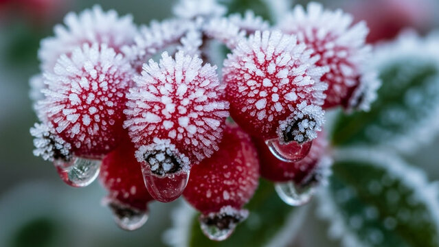 Frozen red rosehip berries covered in delicate white frost crystals with clear water droplets hanging below, capturing the serene essence of winter nature