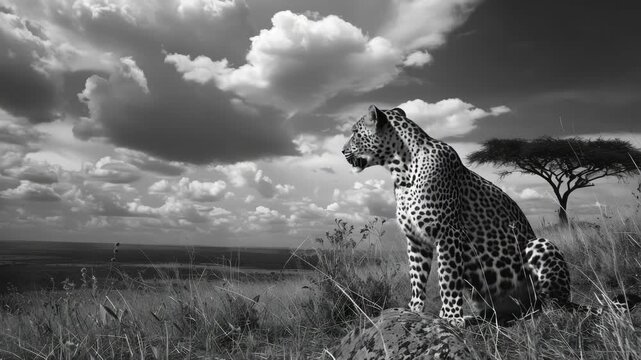 A majestic leopard sits on a grassy hillside under a dramatic sky. Wildlife, feline, animal, nature.