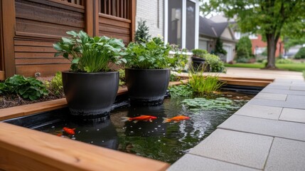 Serene backyard pond with colorful goldfish and lush green plants in a modern garden design.