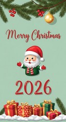 Christmas greeting card with santa claus presents and festive decorations