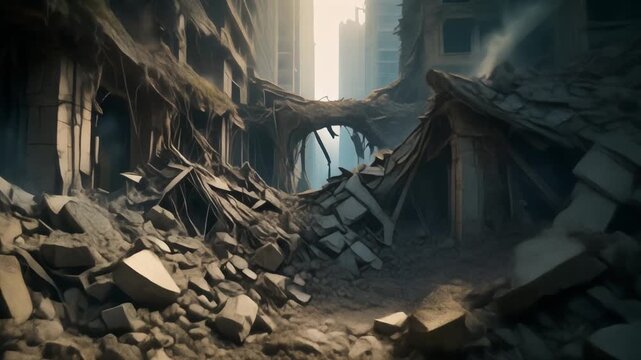 Collapsed buildings and rubble in urban devastation scene symbolizing disaster impact and human resilience