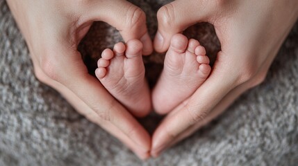 Newborn Baby Feet Held in Adult Hands Forming Heart Shape on Soft Gray Surface