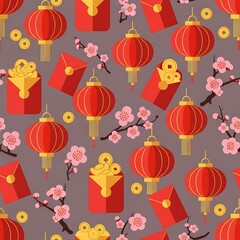 Chinese New Year seamless pattern with red lanterns, lucky money envelopes, gold coins, and pink cherry blossoms.