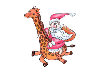 Funny Santa Riding a Giraffe Cartoon Illustration, African Christmas