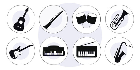 Set of eight black and white musical instrument icons in circular outline, perfect for logo, sticker and other design needs