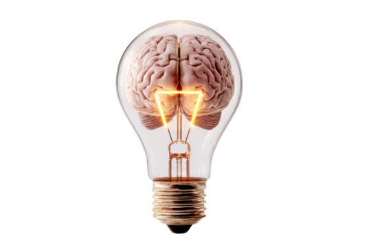 Human brain inside clear glass light bulb with glowing filament on black lightbulb idea, Isolated On Transparent Background, Png Cut Out