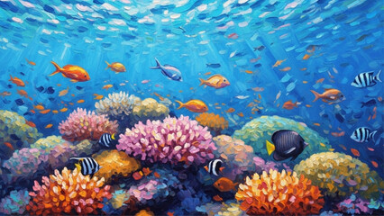 Obraz premium Colorful fish swimming in a healthy coral reef scene