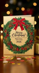 Christmas greeting card with wreath and festive text for holiday season