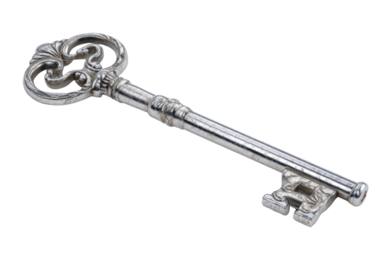 Ornate antique silver key with decorative bow and intricate bit on black metal object, Isolated On Transparent Background, Png Cut Out