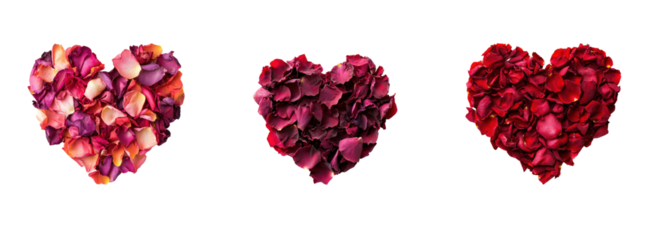 Collection of heart-shaped arrangement of rose petals on a transparent background