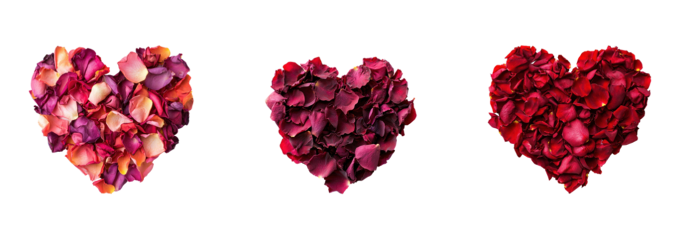 Collection of heart-shaped arrangement of rose petals on a transparent background