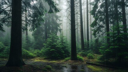 Fototapeta premium Dense Forest with Tall Trees and Foggy Atmosphere in Natural Green Setting