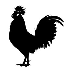 Silhouette of a rooster standing against a white background in profile