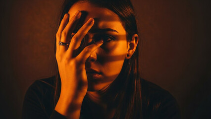 Woman hiding face with hand illuminated by orange light