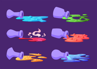 Potion. Puddles from spilled toxic potion different colors magic dangerous bottles of witch exact vector cartoon template