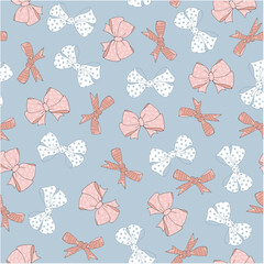 A seamless vector pattern of pink bows on a blue background. Perfect for fashion prints, digital printing, party design, packaging, and glamorous accessories