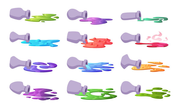 Toxic puddles. Spilled potion from magic bottles and transparent tubes exact vector illustrations in cartoon style