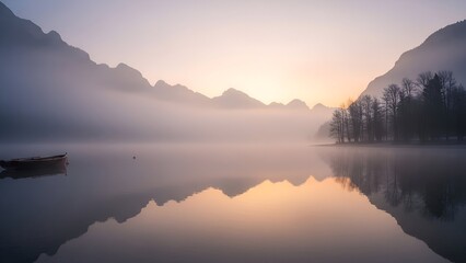 Fototapeta premium Tranquil misty lake scene with mountains, a small boat, and a sunrise