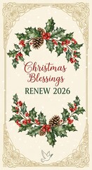 Christmas greetings design with holly berries and pine cones floral ornament