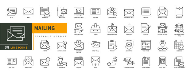 Minimalist Mailling line icons set with editable stroke, featuring Read, mail, web mail.message, spam, envelove, post card, mail box, send document, web page, writer, letter. thin linear illustration.