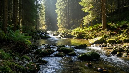 A sunlit stream flows through a lush forest, creating a serene, natural landscape
