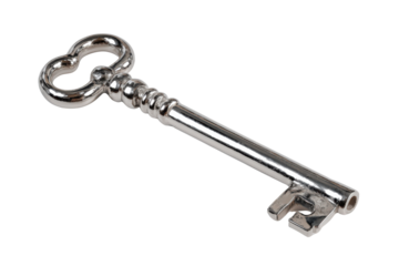 Antique silver skeleton key with ornate bow and ribbed shaft metal object, Isolated On Transparent Background, Png Cut Out