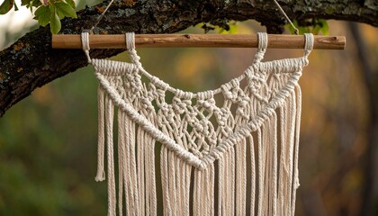 Symmetrical Macramé Wall Hanging on Wooden Dowel Suspended Outdoors with Natural Background