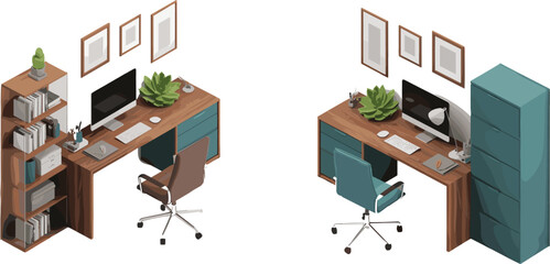 Isometric illustration of organized office workspaces with desks, computers, chairs, bookshelves, filing cabinets and decorative plants in modern professional interior design