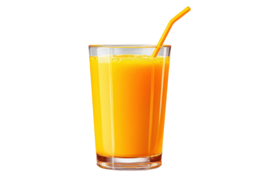 Tall glass of orange juice with yellow straw on black background drink beverage, Isolated On Transparent Background, Png Cut Out