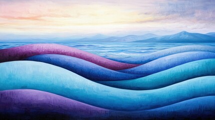 An abstract painting depicting waves, mountains, and a colorful sky. The artwork features a gradient of blues, purples, and pinks.