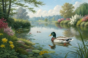 ducks in the lake and Vibrant oil painting of a male mallard duck swimming on a sunlit pond surrounded by lily pads, colorful wildflowers, and lush summer foliage
