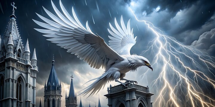 Majestic white bird soaring above gothic architecture during a dramatic lightning storm at night