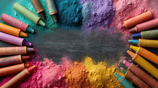 Colorful pastel crayons and pigments frame a dark grey surface. Perfect background for arts, creative projects, and educational materials.