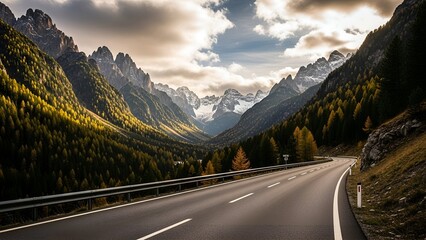 Road winds through a mountain valley, flanked by forest, towards snow-capped peaks