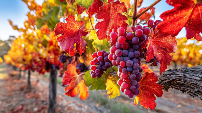 Ripe grapes cluster among colorful autumn leaves in vineyard. Bright sunlight enhances warm hues of orange and red. Concept of winemaking, agriculture, outdoor beauty - Powered by Adobe