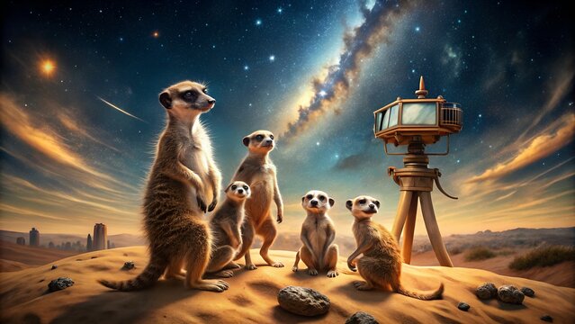 Meerkats stargazing with antique telescope under a vibrant milky way galaxy in the desert landscape