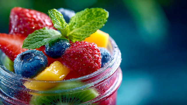 Vibrant close-up of a jar filled with fresh strawberries, blueberries, mango, and raspberries covered with water droplets - Powered by Adobe