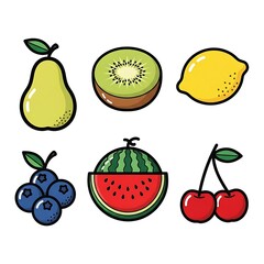 Colorful cartoon fruit icon set with pear, kiwi, lemon, blueberries, watermelon, and cherries.