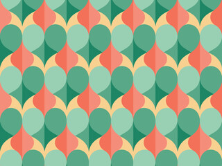 A repeating geometric pattern in shades of teal, coral, and yellow creates a retro-inspired background.