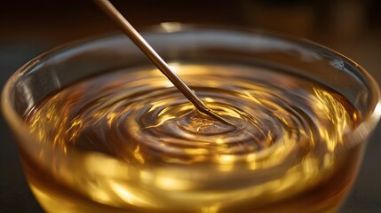 A metallic probe creates swirling patterns in a golden viscous liquid within a glass bowl under warm soft lighting