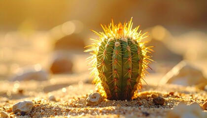 Green Cactus Illuminated by Sunlight in Sandy Desert with Blurred Background and Natural Rocks