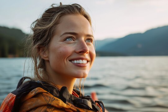 Radiant woman kayaking on serene lake at sunset, embracing nature's beauty and freedom while wearing a life jacket and looking at mountains in the distance - Powered by Adobe