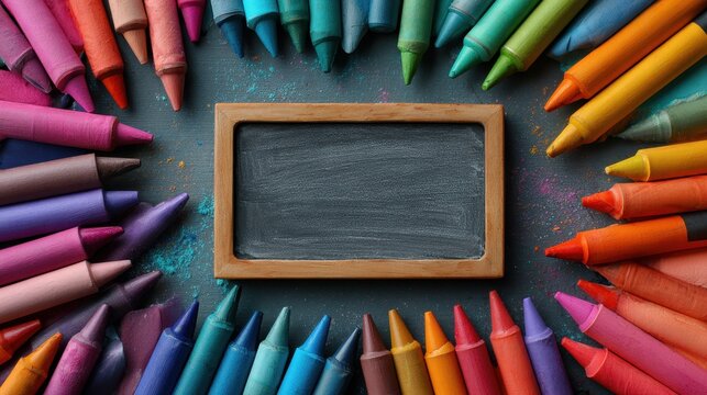 Colorful crayons frame a blank chalkboard on dark surface with colorful dust. Perfect for back-to-school, art, creativity, learning, or any education concepts.