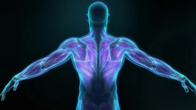 Human body anatomy showing glowing muscle structure
